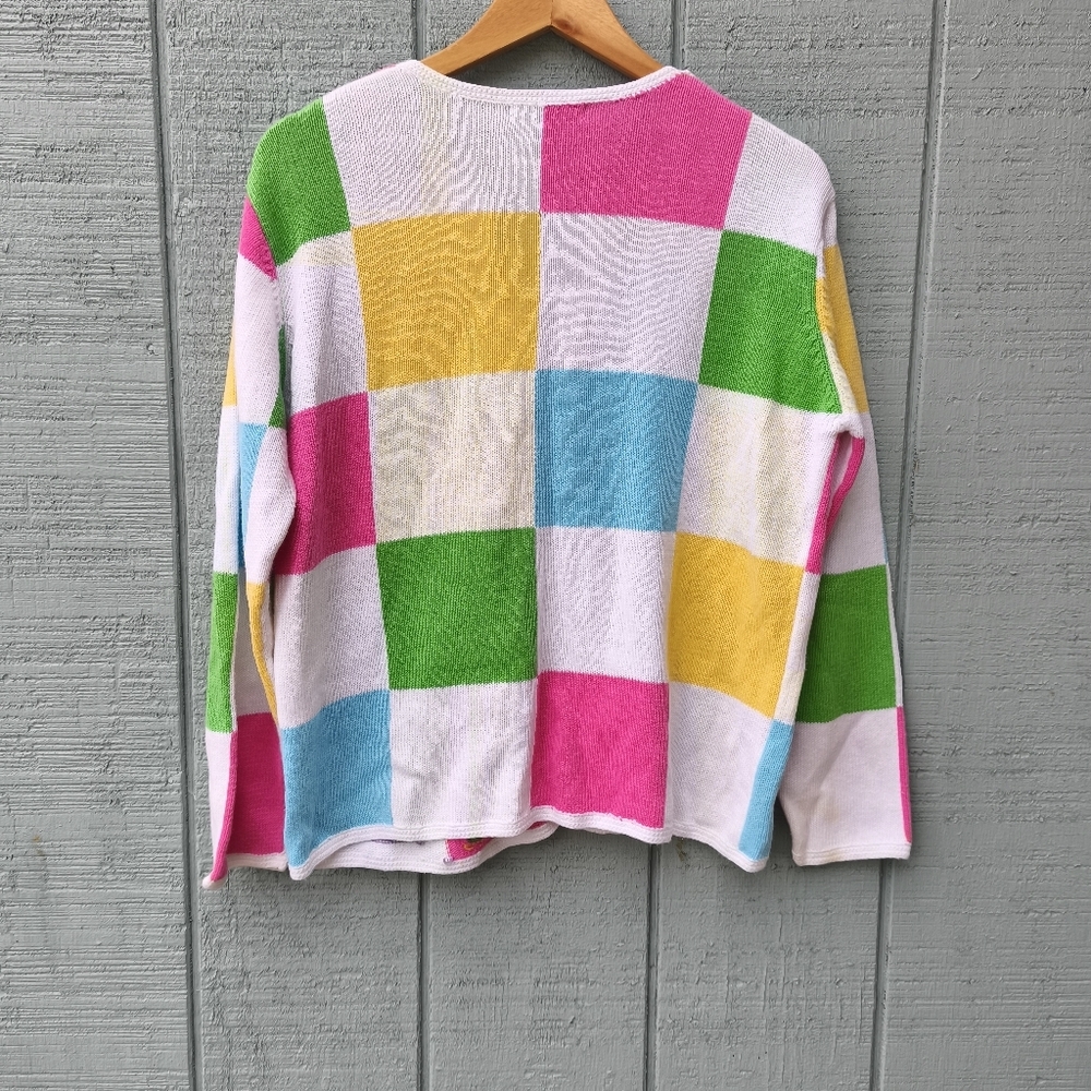 Vintage Northern Isles Checkerboard Beach Print Cardigan sz L Ivory Pink Multi - Picture 8 of 11